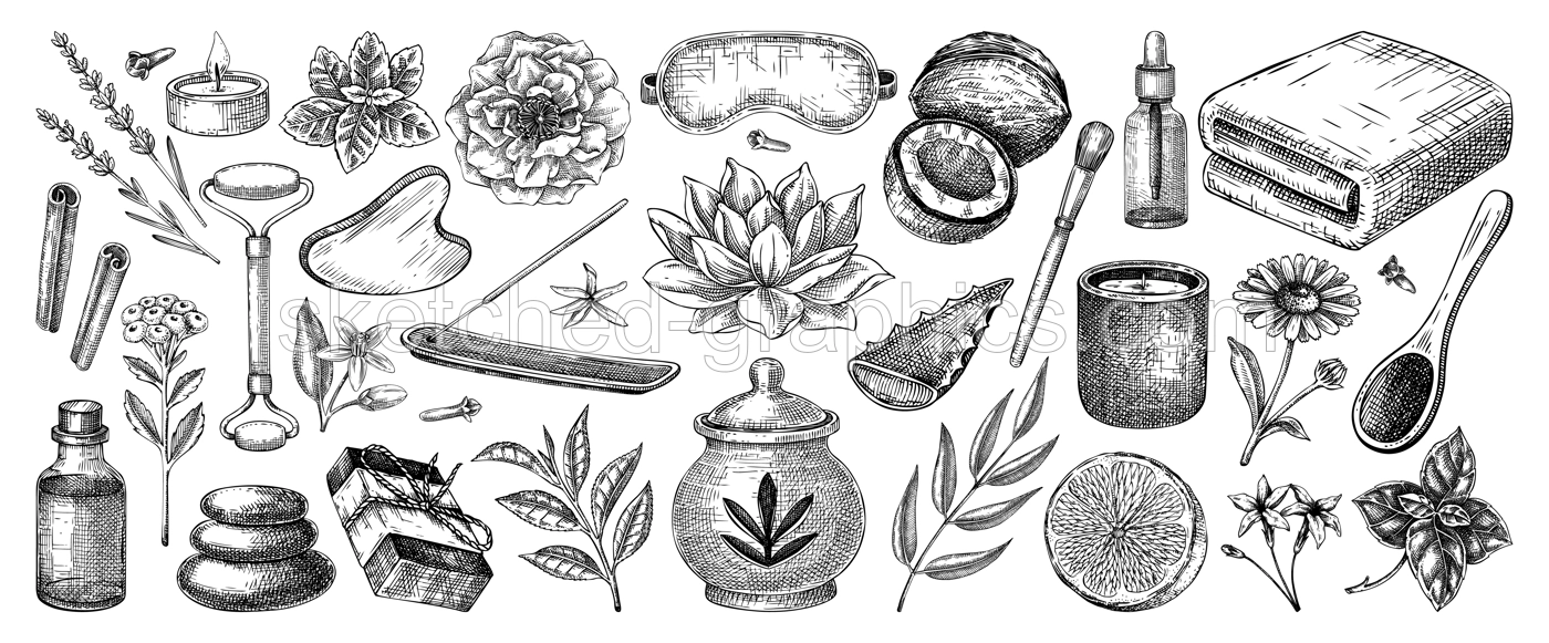 Aromatherapy, spa and wellness hand-drawn vintage illustrations. Essential oil bottle, incense holder, sleep mask, herbs, organic ingrediet sketches. Self care design elements. NOT AI generated Illustration